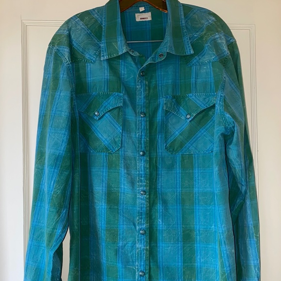 Gramicci L Western Snap Shirt Long Sleeve Cotton Blue Green Plaid Distressed - Picture 1 of 13